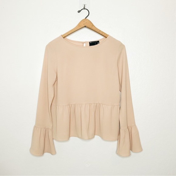 ASOS Design Lightweight Long Bell Sleeve Peplum Blouse Neutral Nude Beige 4 - Picture 2 of 8